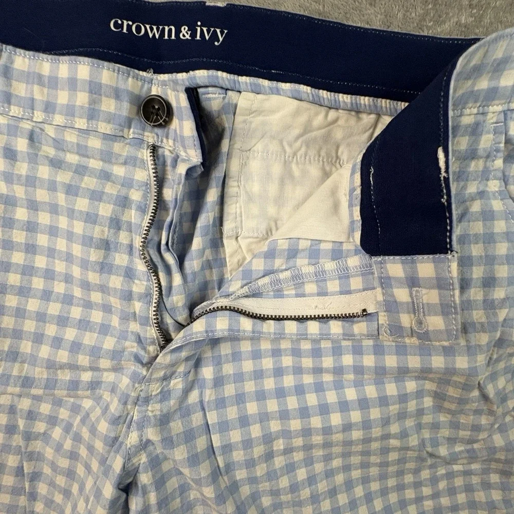 Crown & Ivy Men's 36.5 Blue & White Gingham Check Shorts Stretch Preppy Casual